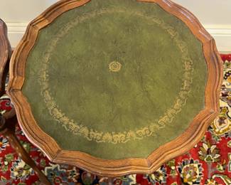 M17 - $60 PAIR. Antique Pie Crust Side Tables with leather tops. Measures 13" wide x 20.25" tall. 