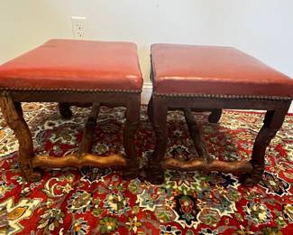 M23 - $60 PAIR. Leather topped, wooden framed stools. Measures 19.5" x 15" x 15.5" tall. 