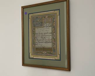M28 - $30. Framed Marriage Certificate dated 1870. Measures 13.75" wide x 17" tall. 