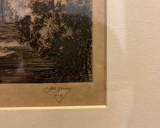 M29 - $85. Framed Etching by Jac Young. Measures 19" x 17.5" tall. "Commercial Street, Provincetown"