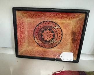 K4 - $10. Carved & Painted Tray with lacquered paint. Measures 9.5" wide. 7.5" tall. 
