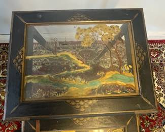 M2 - $125. Set of 3 Antique Nesting Tables. Largest measures 15" wide x 11.5" deep x 22.25" tall. The glass in the smallest table is heavily cracked. Tables are antique and wiggly. 