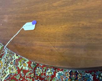 M24 - $60. Demilune Table. Measures 36" wide x 20.5" deep x 29.5" tall. Needs cleaned up/ refinished but it's sturdy, solid wood. 