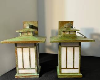 M134 - $200 PAIR of Exterior Light Fixtures by Arroyo Craftsman. Kennebec Wall Mount. Gold White Glass. Verdigris Patina. Measures 9" x 13" tall. Never installed still in original boxes - we pulled them out to photograph. 