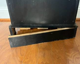 M139 - $225. Small Antique Black Lacquered Chinoiserie Cabinet - 4 drawer chest. Sides are painted in gold with a bird / water scene. Measures 17" wide x 11.5" deep x 35" tall. All drawers slide easily. 