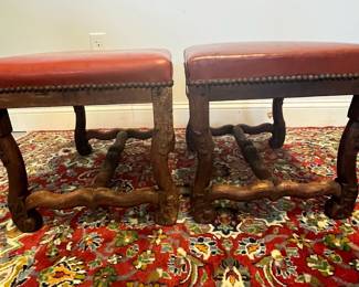 M23 - $60 PAIR. Leather topped, wooden framed stools. Measures 19.5" x 15" x 15.5" tall. 