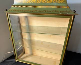 M135 - $100. Hand Painted Chinoiserie Metal/Tin Toleware "Pagoda Cabinet". Lighted Display Cabinet with Glass Shelves. Made in France. Was wall mounted but I believe it can also be hung. Measures 21.25" wide x 7.25" deep x 22" tall. 