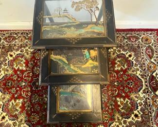 M2 - $125. Set of 3 Antique Nesting Tables. Largest measures 15" wide x 11.5" deep x 22.25" tall. The glass in the smallest table is heavily cracked. Tables are antique and wiggly. 