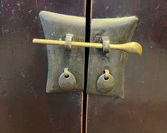 M48 - $450. Two Door, Two Drawer Red Asian Chest. Measures 41" wide x 25.5" deep x 35.75" tall. 