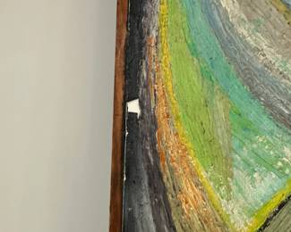 K68 - $400. Original Painting by Nancy Van Overveldt "Viento Mojado". Large Modernist Painting. Measures 40" x 32" Does have one significant paint chip on the left near the center. Great colors!