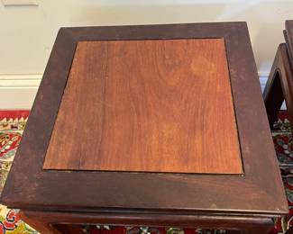 M45 - $300 PAIR of Chinese Rosewood Tables. Each measures 14" square x 14" tall. Both sturdy with some surface scratches. 