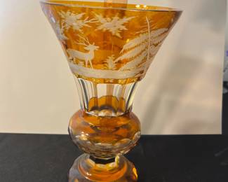 M82 - $100. 19th Century Amber Etched Glass Vase. Measures 5.75" wide x 9" tall. 