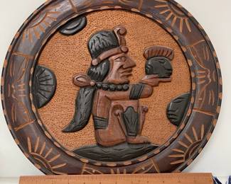 K19 - $25. Mayan/Aztec Carved Wooden Decorative Wall Hanging. Measures 15" round. 