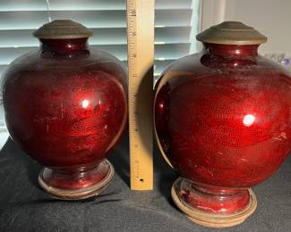 M81 - $150 Each. Akasuke Ginbari Pigeon Blood Cloisonne - they're the same size but have different designs in them. One is a dragon and one is floral. They could be turned into lamps or used as vases!