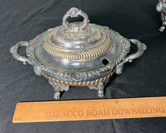 M67 - $125 PAIR. Antique Sheffield Silver Plated Sauce Tureen. Measures 9.5" x 6.5". 