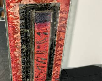 M53 - $200. J. Moilanen Mirred Glass Fused with Copper & Steel. Bud Vase attached. Measures 10" wide x 23" tall. 