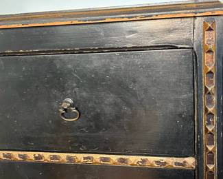 M139 - $225. Small Antique Black Lacquered Chinoiserie Cabinet - 4 drawer chest. Sides are painted in gold with a bird / water scene. Measures 17" wide x 11.5" deep x 35" tall. All drawers slide easily. 