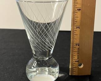M73 - $50. MCM Ball Base Etched Martini Glasses. Set of 5. 2.75" x 4.5" tall. 