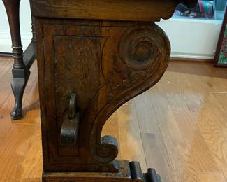 M105 - $650. Antique Renaissance Style Carved Walnut (?) 2 piece cabinet. Top & Base Move separately. Measures 38.5" x 15" deep x 46" tall. Hardware is all handmade - primitive. 