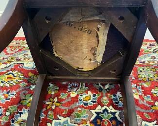 M13 - $50. Childs, Antique Mahogany, Carved Rose Chair with needlepoint seat. Sturdy and in very good condition. Measures 11.5" wide x 12" deep x 22" tall. 