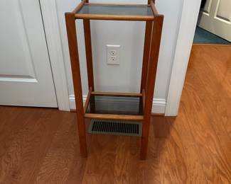 K70 - $125. Danish Modern Teak Plant Stand / Entry Table with Smoked Glass. Measures 14" wide x 13.5" deep x 30" tall. 