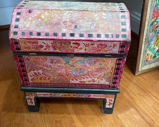 K11- $35. Box on Stand. Measures 12" wide x 9" deep x 14" tall. Some fading/chipping on the overlay but sturdy. 