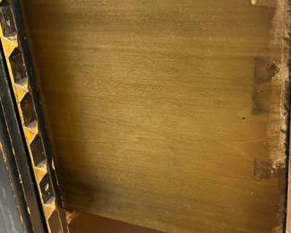 M139 - $225. Small Antique Black Lacquered Chinoiserie Cabinet - 4 drawer chest. Sides are painted in gold with a bird / water scene. Measures 17" wide x 11.5" deep x 35" tall. All drawers slide easily. 