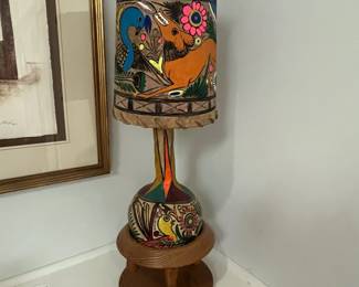 K24 - $30. Hand Painted Folk Art Lamp. Measures 9" wide x 27" tall. Lamp base  has been repaired - shade is in very good condition! 