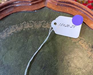 M17 - $60 PAIR. Antique Pie Crust Side Tables with leather tops. Measures 13" wide x 20.25" tall. 