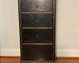 M139 - $225. Small Antique Black Lacquered Chinoiserie Cabinet - 4 drawer chest. Sides are painted in gold with a bird / water scene. Measures 17" wide x 11.5" deep x 35" tall. All drawers slide easily. 