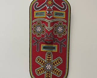 K46 - $85. Huichol Indian Beaded Folk Art Mask by Jesus Jimenez San Andrea Cohaminto. 1982. Measures 7" wide x 14" tall. It is missing a few seed beads. 