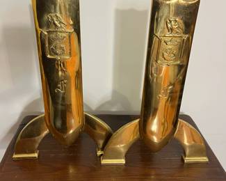 M141 - $500 "Fisher" Crest Brass Andirons. 