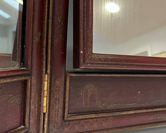 M110 - $125. Hand Painted Antique Tri-Fold Mirror. Center Mirror moves. Measures 54" x 28.5". Middle is 22.5" Each End is 16". 