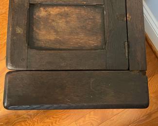 M138 - $275. Gothic Revival Small Chest with Carved Knight Figures. Measures 24.5" wide x 15" deep x 18" tall. 