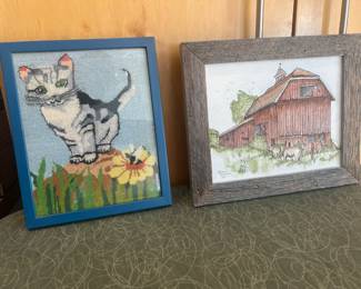 VINTAGE NEEDLEPOINT KITTY AND FARMHOUSE PAINTING