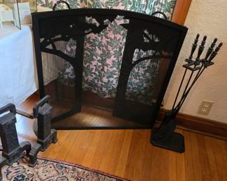 Fire screen, tools & andirons