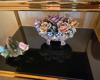 Pair Italian Travertine Black Smoke Glass Brass 2 Tier Side Tables (2) Merchandise Mart Designer 1970's