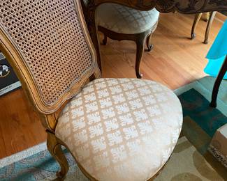Vintage Henredon Cane Back Carved Side Chairs, Silk Fabric