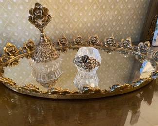 Vintage French Ormolu Roses Dresser Tray with Perfume Bottle ( dauber) and Trinket Box
