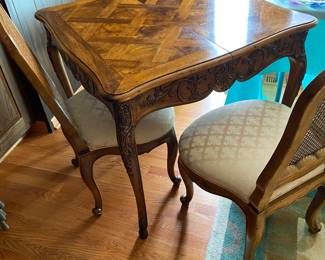 Vintage Henredon Dining Or Whatever you Want Table. Inlay, Carved Queen Anne Legs, Leaf underneath Table, With 4 Cane Carved Side Chairs!