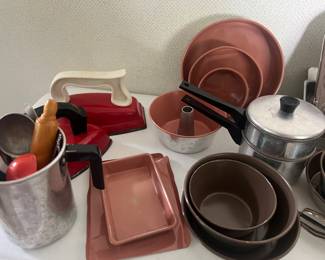 adorable vintage children's pots and pans and utensils