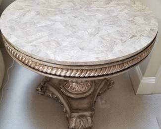Large Round Gilted Faux Marble Top Accent Table - Detail