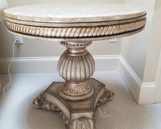 Large Round Gilted Faux Marble Top Accent Table