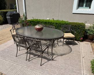 Brown Jordan Plexiglass Top Patio Dining Table & Six Chairs w/ Cushions