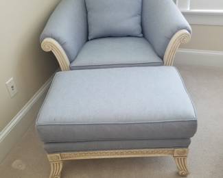 Light Blue Fabric Art Deco Armchair and Ottoman