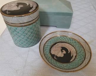 Decorative Round Container and Plate Pair