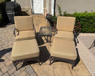 Brown Jordan Patio Lounge Chair & Ottoman w/ Cushions and Plexiglass Top Patio Side Table - 2 Available 