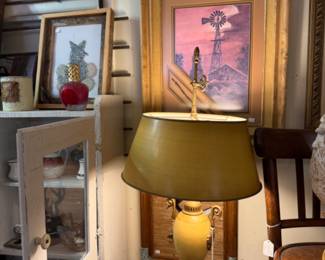 Laps, prints, oils, framed art, cabinet (solid wood), chairs.