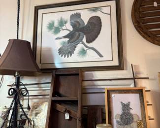 Framed prints, lamps, art, cabinets, wall hangings