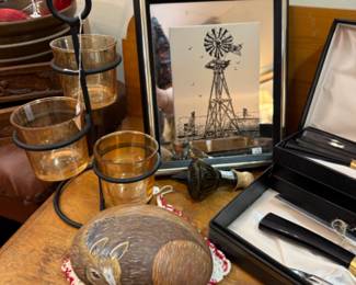 framed art, candleholder metal and glass.